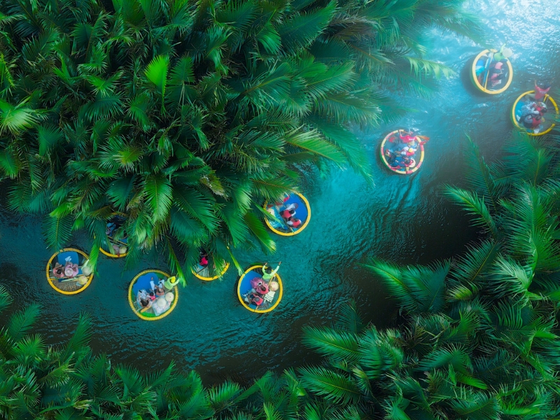 Se balader en bateau-panier dans la forêt de cocotiers Bay Mau