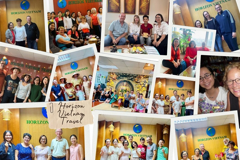 Vân NGUYEN et l'équipe avec des voyageurs francophones au bureau d'Horizon Vietnam Travel à Hanoï