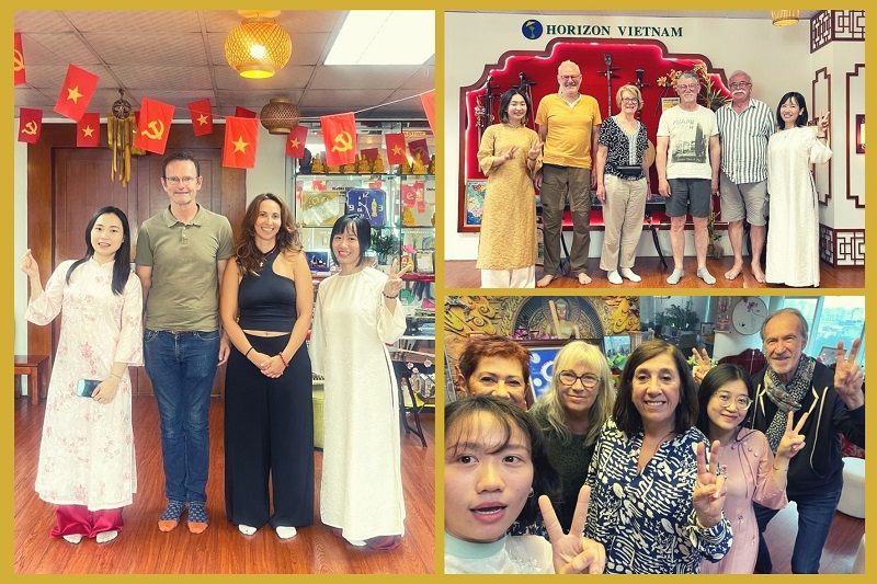 Nga Nguyen avec des voyageurs d'Horizon Vietnam Travel au bureau de Hanoï