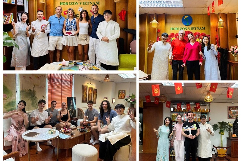 Linh Hoang et l'équipe d'Horizon Vietnam Travel accueillent des voyageurs au bureau de Hanoï