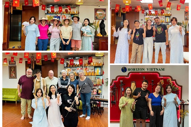Linh Tran et ses collègues accueillent des voyageurs au bureau d'Horizon Vietnam Travel à Hanoï