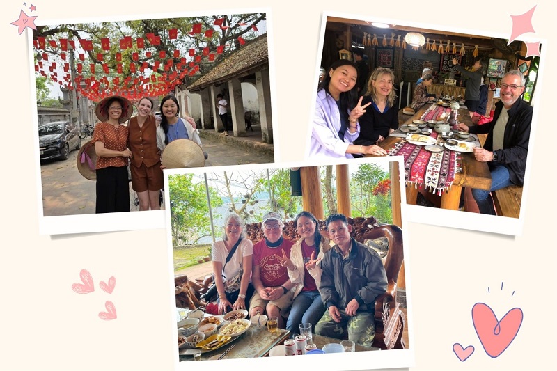 Oanh PHAM avec ses voyageurs sur le terrain : visite d'un village traditionnel en chapeau conique et repas partagés