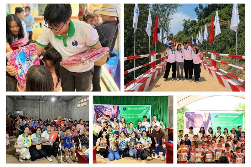 Linh Hoang et l'équipe Horizon lors d'actions humanitaires : fournitures scolaires aux enfants et inauguration d'un pont