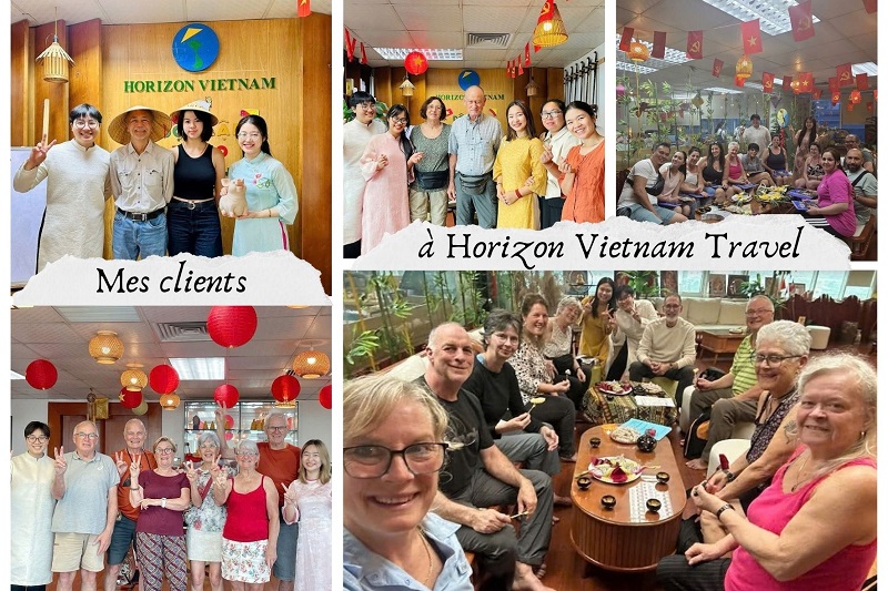 Linh Hoang et l'équipe d'Horizon Vietnam Travel avec des voyageurs au bureau de Hanoï, dont une rencontre autour d'un thé