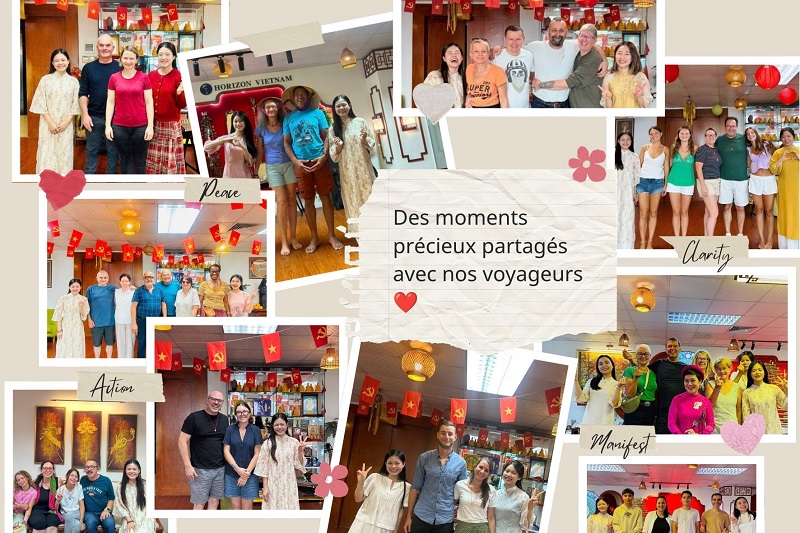 Tuyet TRAN avec des voyageurs francophones au bureau d'Horizon Vietnam Travel à Hanoï