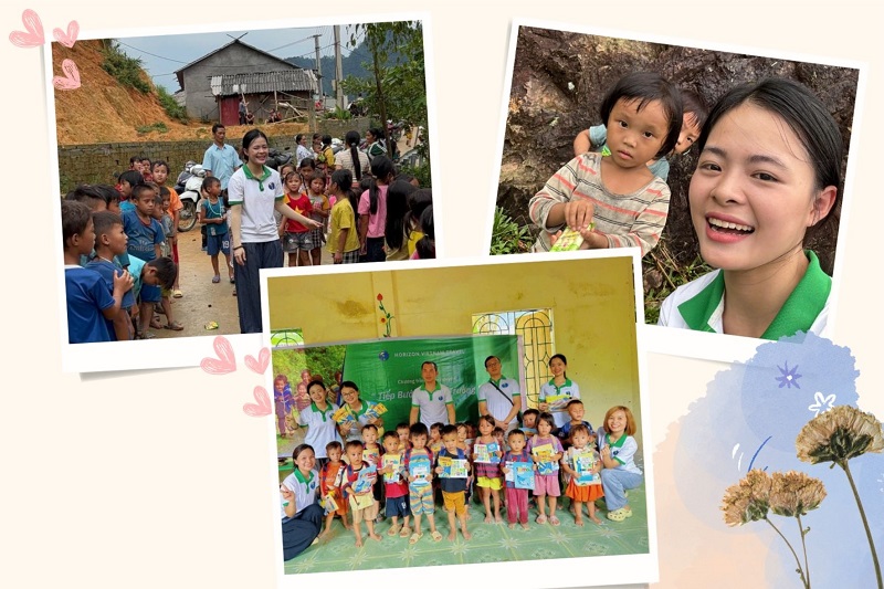 Tuyet TRAN lors d'une action solidaire d'Horizon dans une école de montagne, avec des enfants et des livres offerts