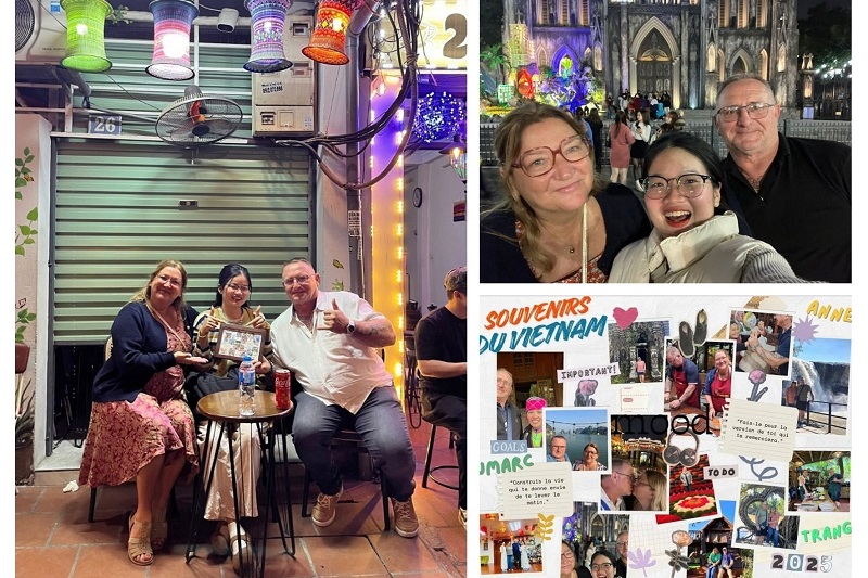 Trang Duong avec Pons et Anne à Hanoï, dans un café et devant la cathédrale Saint-Joseph, et l'album souvenir de leur voyage
