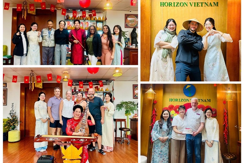 Trang Duong et l'équipe accueillent des voyageurs au bureau de Hanoï, autour de la musique traditionnelle