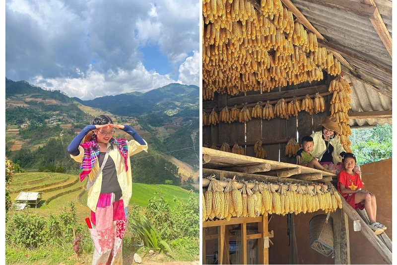 Trang Duong en repérage devant les rizières en terrasses de Mu Cang Chai, et une famille locale sous des épis de maïs séchés