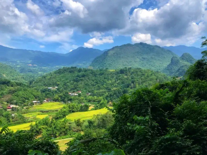 Paysage de montagnes et rizières autour de Ba Be, près de la grotte de Hua Ma