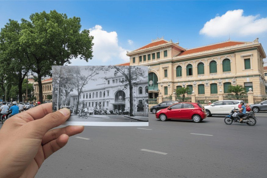 Avant-après de la Poste centrale de Saïgon, comparaison photo ancienne et vue actuelle