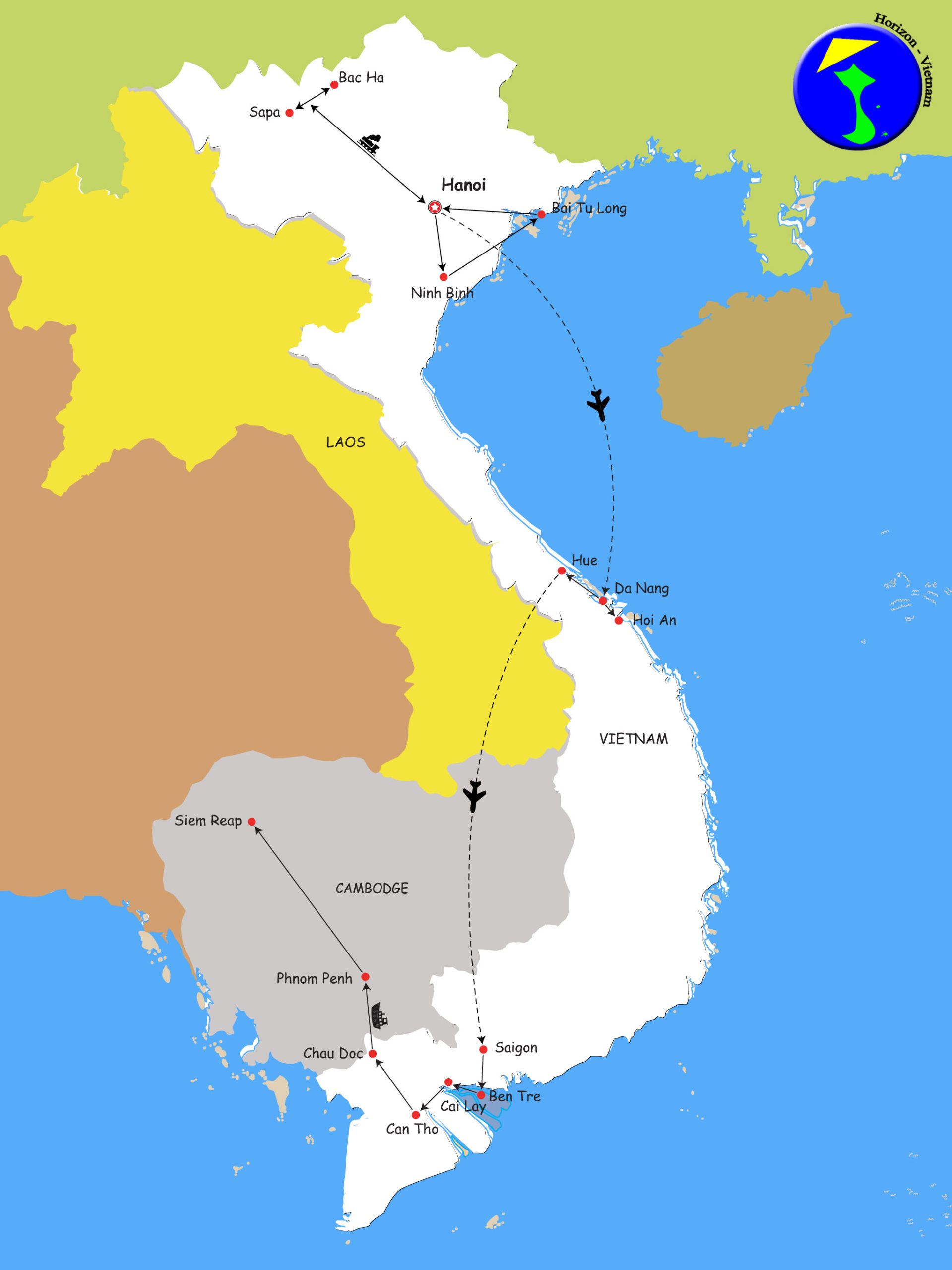Carte du circuit Vietnam-Cambodge en 21 jours : Hanoï, Sapa, Hoi An, Hué, Saigon, delta du Mékong et Angkor
