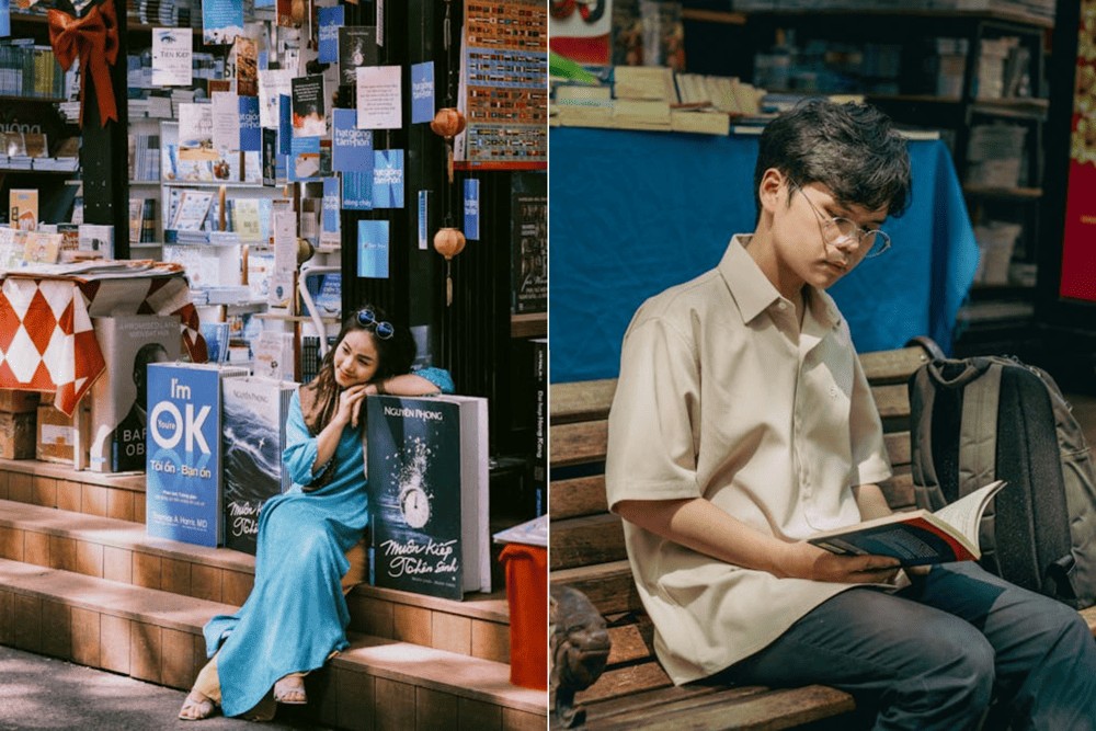 Jeune femme en ao dai et jeune homme lisant, deux idées de photos souvenirs sur la rue du livre Nguyen Van Binh