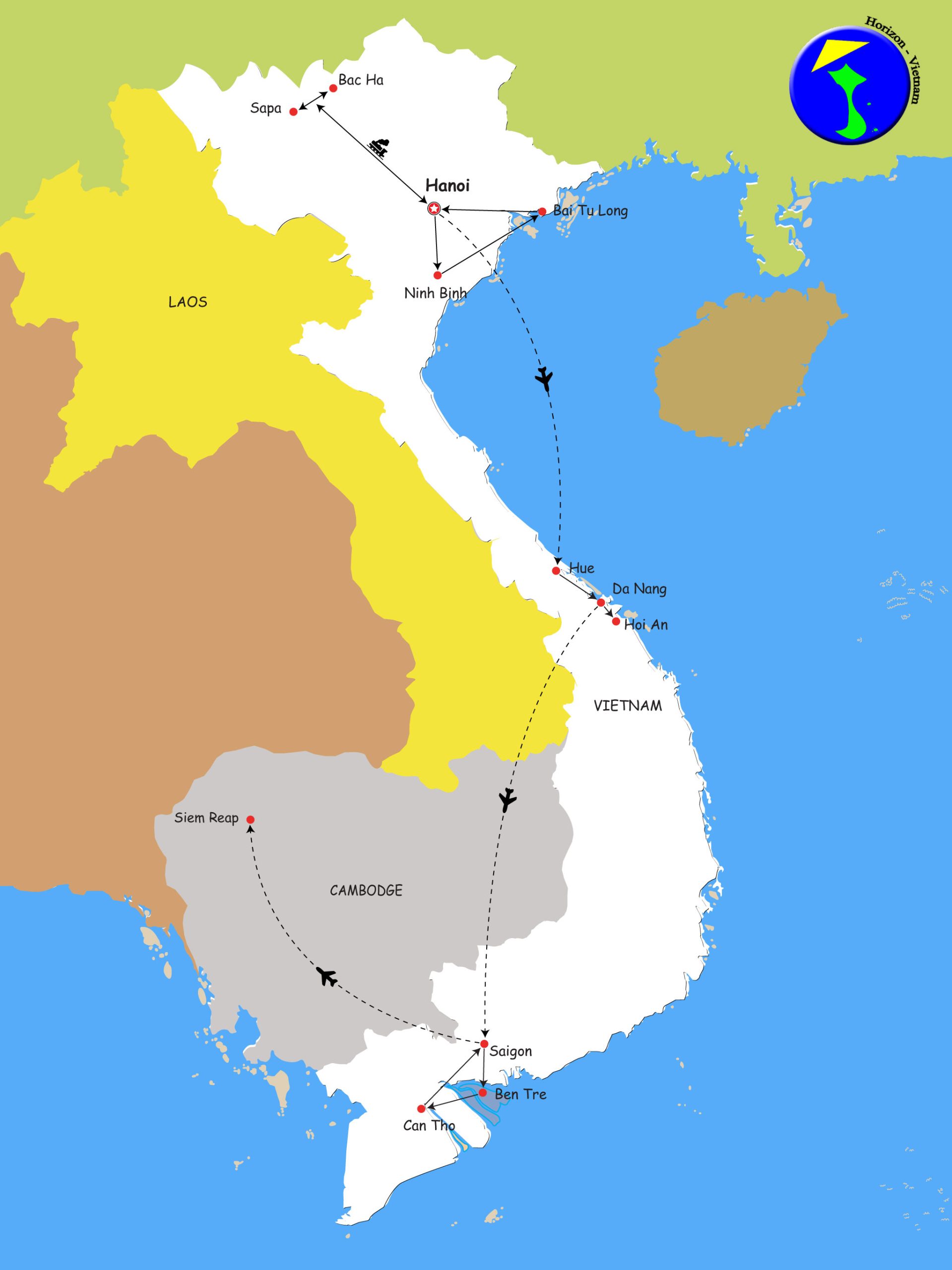 Carte de l'itinéraire du circuit Vietnam et extension au Cambodge en 16 jours : Hanoï, Sapa, baie de Bai Tu Long, Hué, Hoi An, Saigon, delta du Mékong et Siem Reap