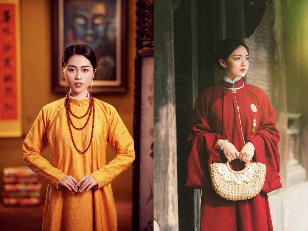 Femmes portant l'ao ngu than, robe à cinq pans héritée des seigneurs Nguyen