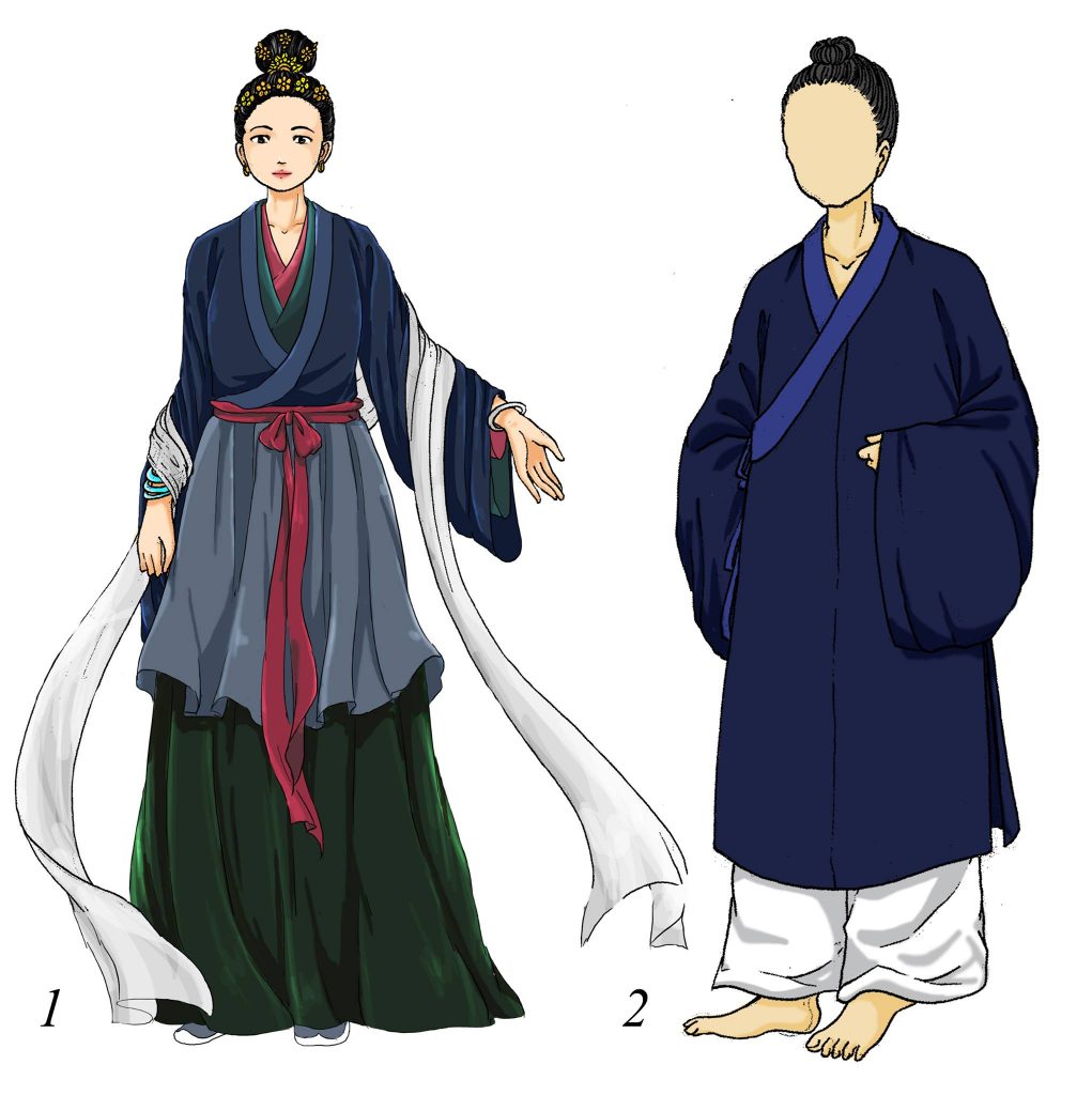 Illustration de costumes de cour des dynasties Ly et Tran, robes à col croisé et coiffes
