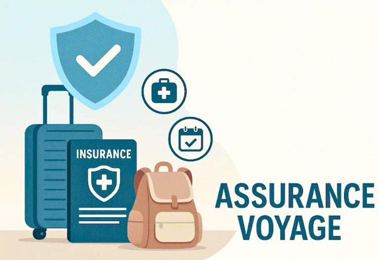 Illustration d'une assurance voyage : valise, carnet d'assurance et sac à dos