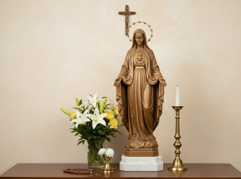 Autel dédié à la Vierge Marie avec statue, fleurs et chapelet dans une église vietnamienne