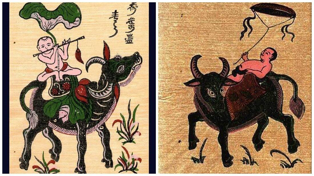 Peinture populaire de Dong Ho représentant un enfant sur un buffle