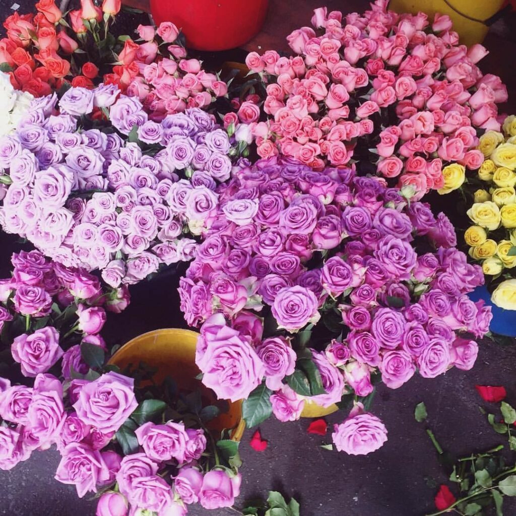 Roses multicolores fraîchement coupées présentées au marché de gros de Ho Thi Ky