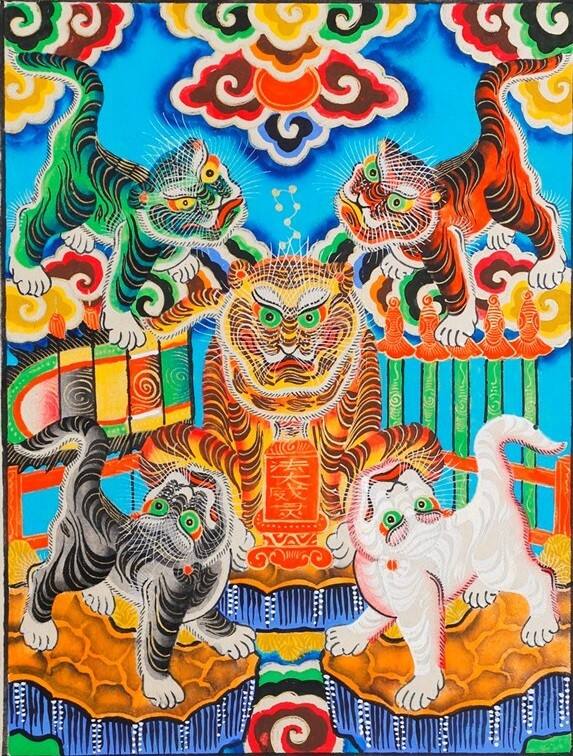 Peinture populaire de Dong Ho représentant le tigre, figure centrale du culte des animaux
