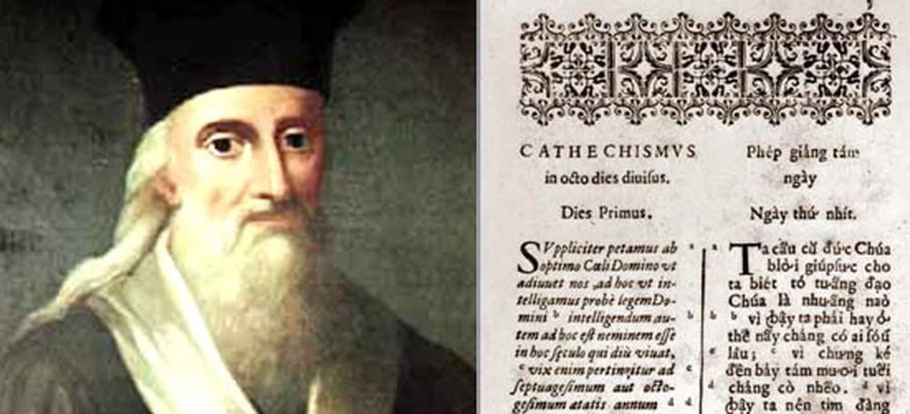 Portrait du missionnaire Alexandre de Rhodes et pages de son catéchisme Phép Giảng Tám Ngày