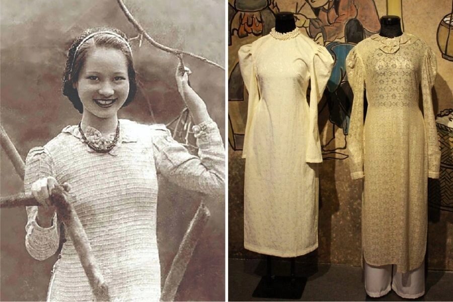 Comparaison entre une photographie d'époque et un costume ao dai raglan exposé au musée de l'Ao Dai