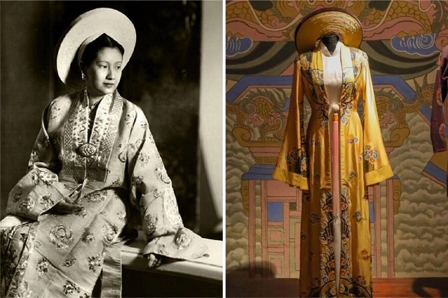 Photographie ancienne en noir et blanc d'une jeune femme souriante portant un ao dai, exposée au musée
