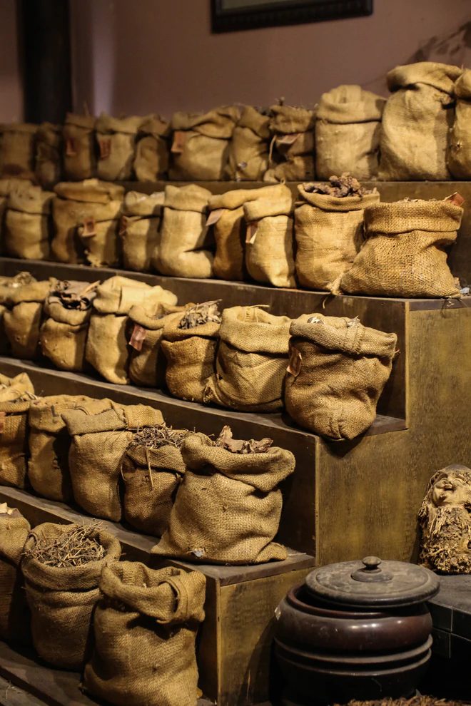 Reconstitution d'une pharmacie chinoise du XIXe siècle avec sacs d'herbes séchées, musée FITO