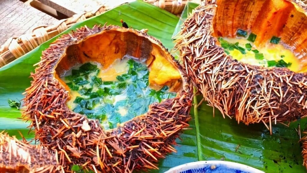 Nhum bien, oursin de Phu Quoc cuit avec oeuf et oignon vert
