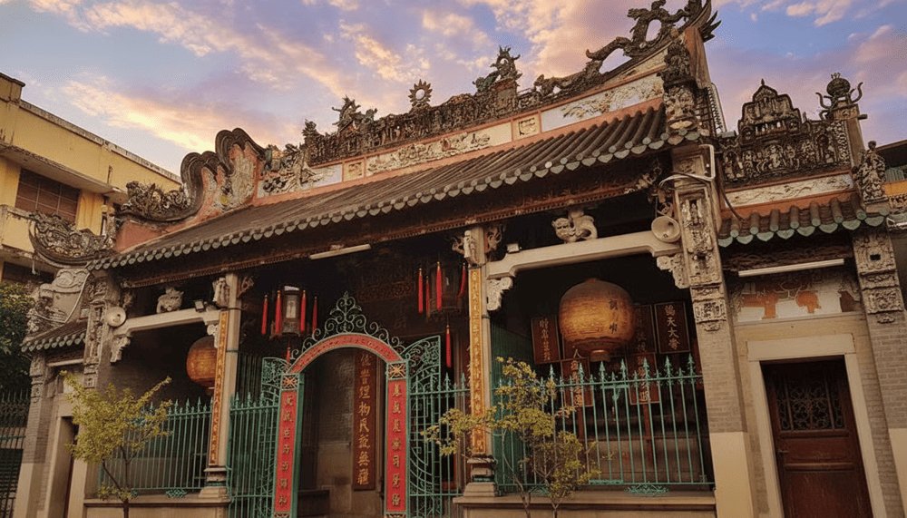 Façade extérieure de la pagode Thien Hau à Cho Lon, portail orné de dragons en céramique