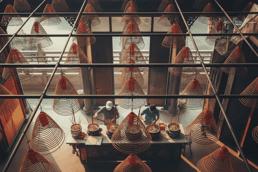 Rituel d'encens à la pagode Thien Hau, bâtonnets et bobines en spirale