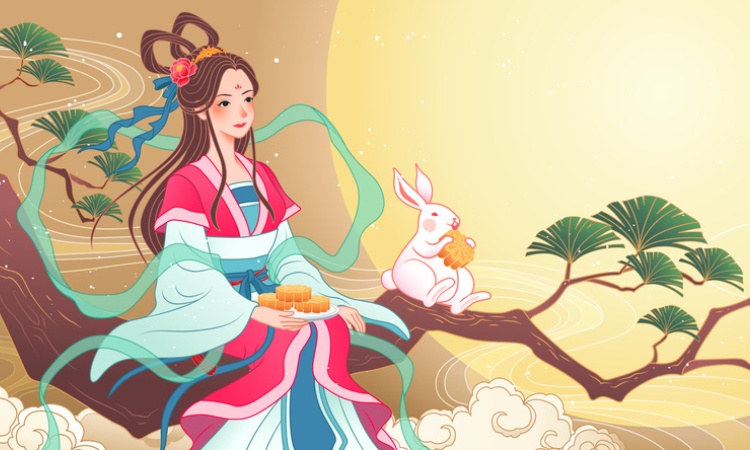 Illustration de Chị Hằng et du lapin de jade avec des gâteaux de lune, légende de Tết Trung Thu