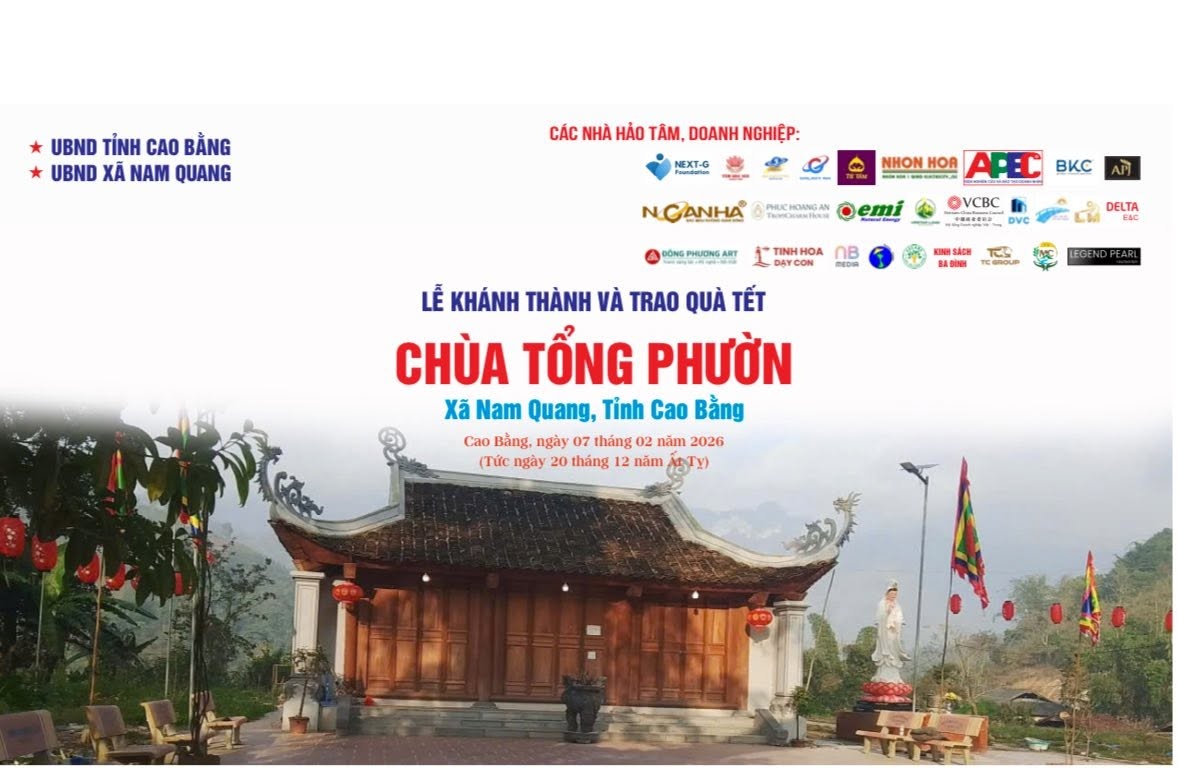 Affiche officielle de la cérémonie d'inauguration de la pagode Tong Phuon, commune de Nam Quang, province de Cao Bang, 7 février 2026