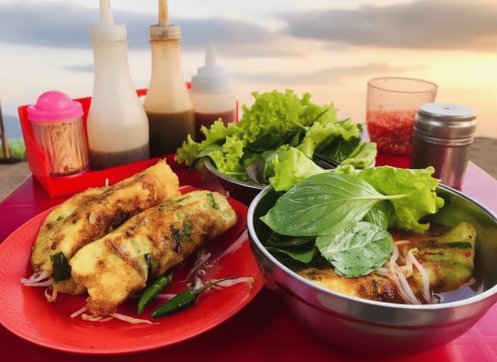 Banh xeo de Binh Thuan roulé avec des herbes fraîches