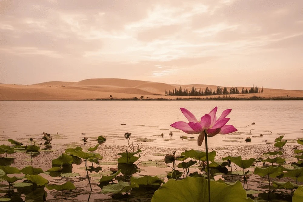 Vue sur le lac aux lotus de Bau Trang avec les dunes blanches en arrière-plan