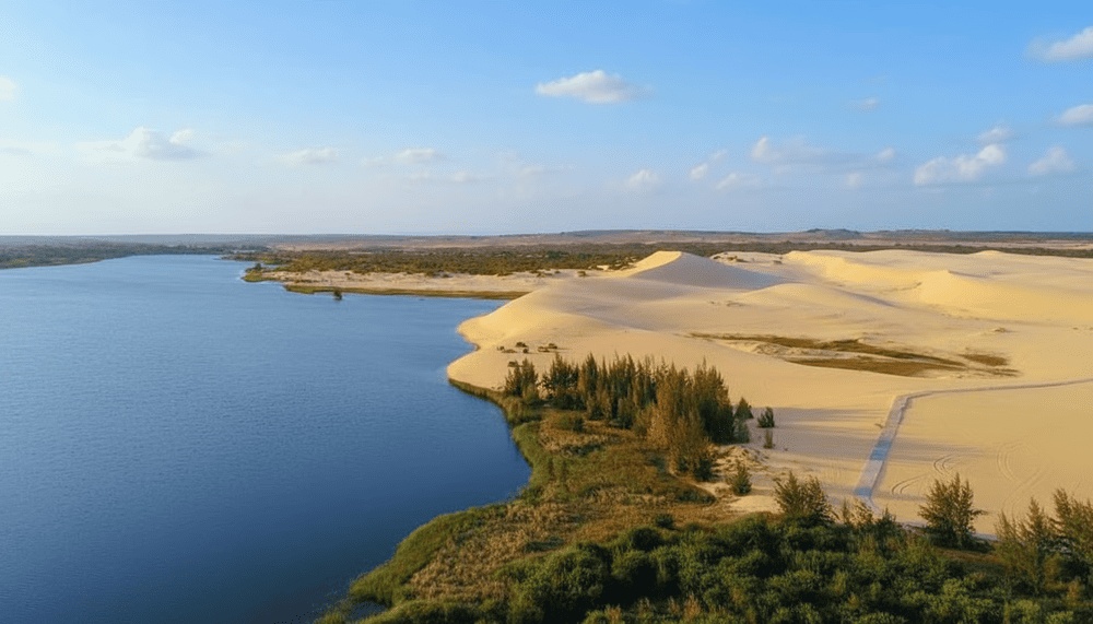 Vue aérienne du lac serpentant entre les dunes blanches et la végétation de Bau Trang