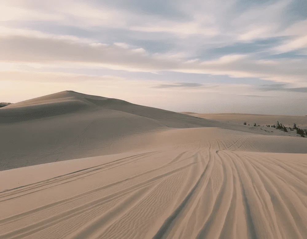 Dunes blanches de Bau Trang au lever du jour, avec traces de pas et de véhicules sur le sable