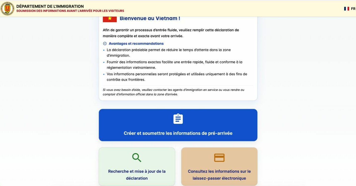 Screenshot of the prearrival.immigration.gov.vn portal for online registration before arriving in Vietnam