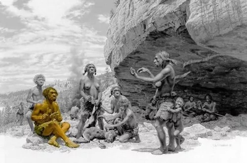 Illustration de groupes humains préhistoriques abrités sous un surplomb rocheux