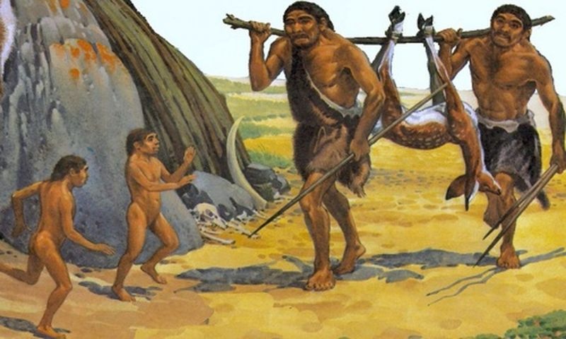 Illustration de chasseurs préhistoriques rapportant du gibier à leur campement