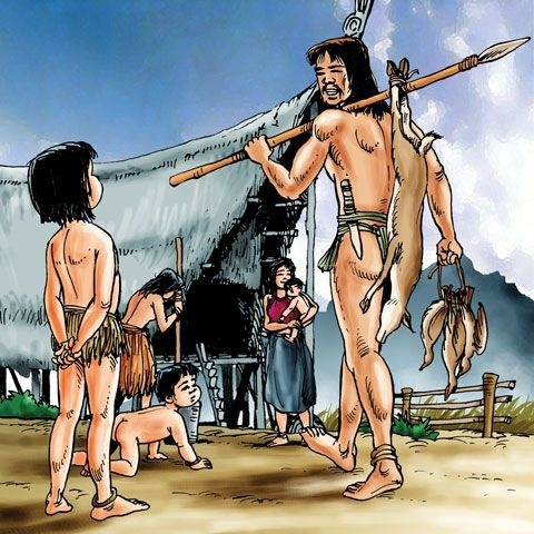 Illustration d'une famille Lac Viet devant une habitation sur pilotis