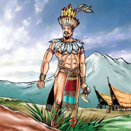 Illustration d'un chef Bach Viet en tenue traditionnelle face aux montagnes