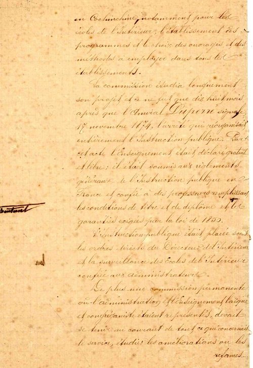 Dokument vom 17. November 1874 über die Neuorganisation des nationalen Bildungswesens durch Admiral Dupré