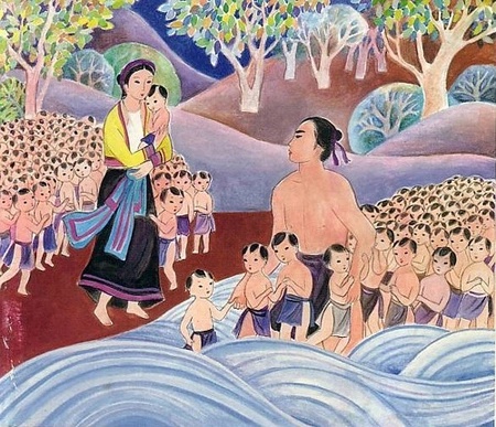 Illustration traditionnelle de Lac Long Quan et Au Co entourés de leurs cent enfants