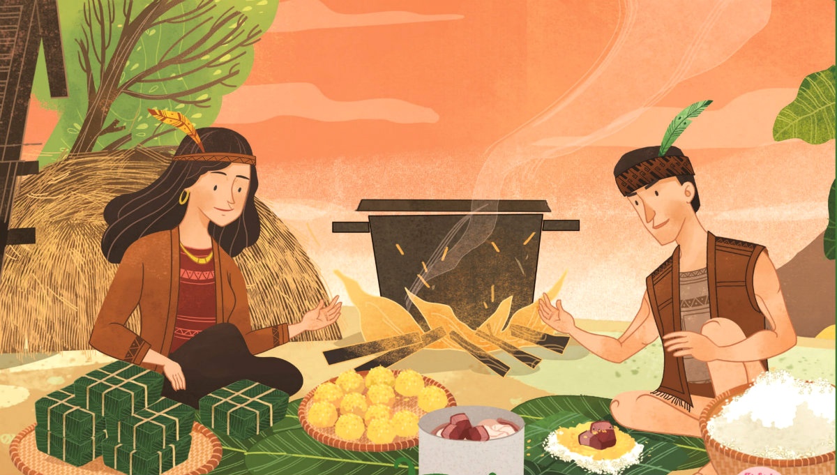 Illustration de la légende de Lang Liêu, à l'origine du banh chung et du banh giay