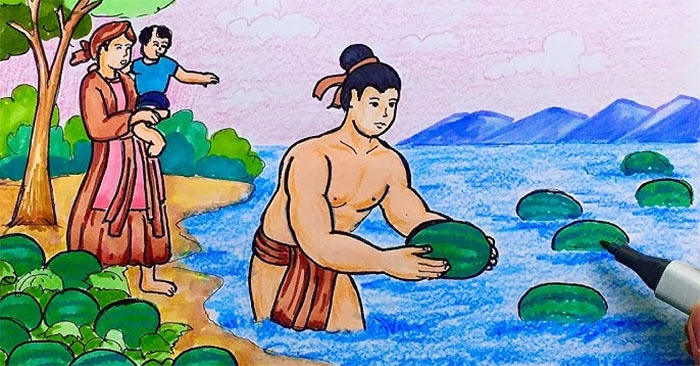 Mai An Tiêm jette des pastèques gravées de son nom dans la mer, sous le regard de sa famille