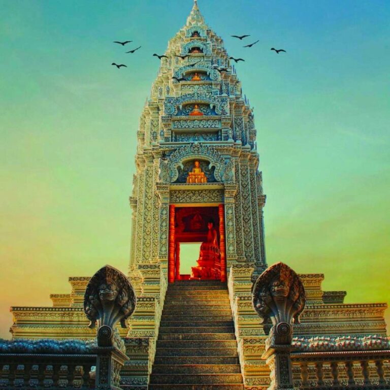 Stupa de la pagode Som Rong à Soc Trang au coucher du soleil