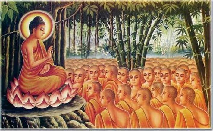 Peinture de Bouddha enseignant dans une bambouseraie