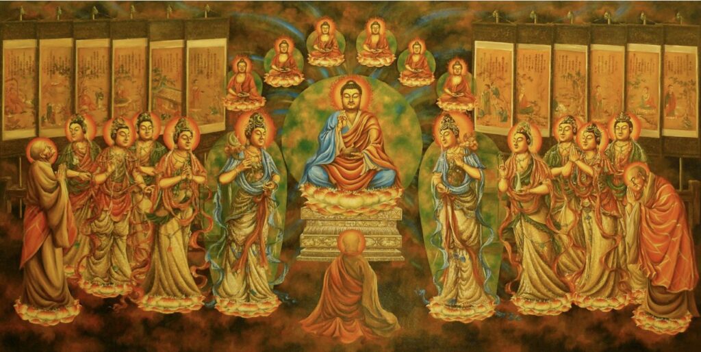 Peinture de Bouddha entouré de bodhisattvas, tradition Mahayana